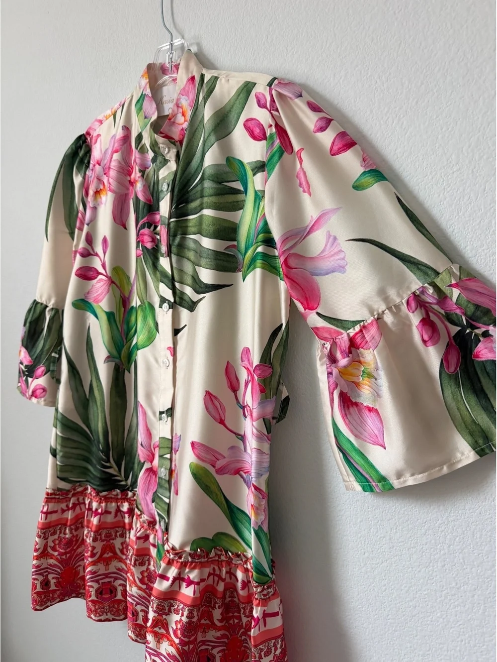 KASIA NWT Bell 3/4 Sleeve Button Up Floral Satin Tiered Mini Dress Size S